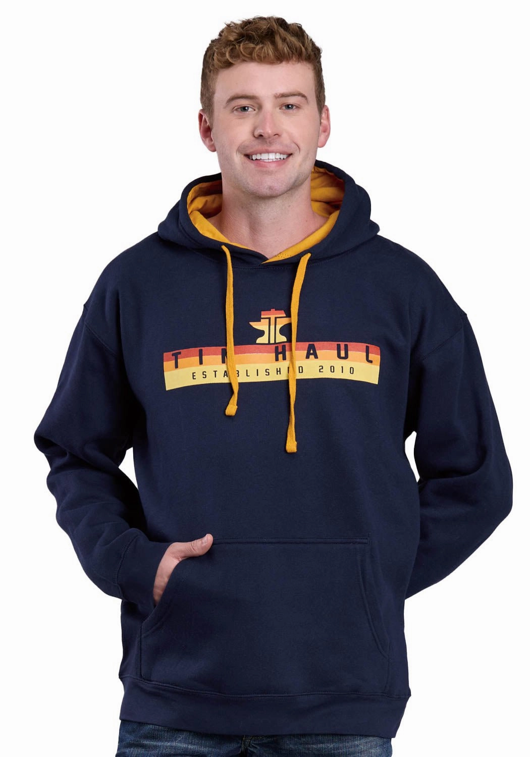 Relaxed Comfort Odor control Tin Haul Mens Logo In Sunset Colors Navy/Gold Cotton Blend Hoodie