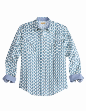 Modern Style ethical fashion Tin Haul Mens Ombre Aztec Tiles Blue/White 100% Cotton L/S Shirt