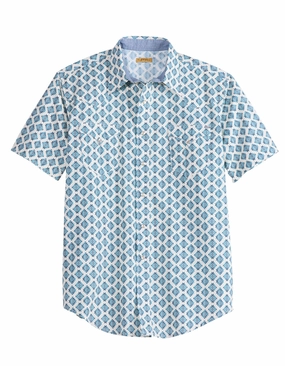 Coffee Run Runway Inspired Tin Haul Mens Ombre Aztec Tiles Blue/White 100% Cotton S/S Shirt