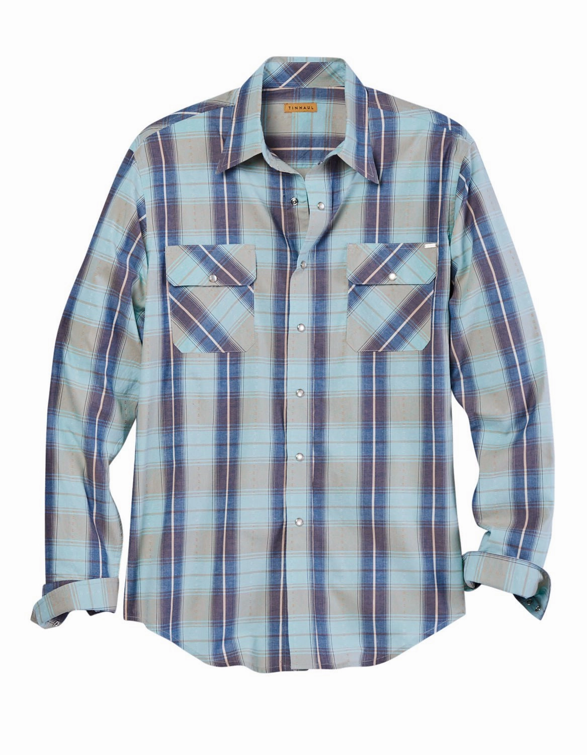 Flexible Mobility Tin Haul Mens Vintage Dobby Plaid Blue 100% Cotton L/S Shirt