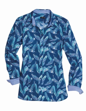 Tin Haul Womens 2492 Feathers Print Blue 100% Cotton L/S Shirt Timeless Classic