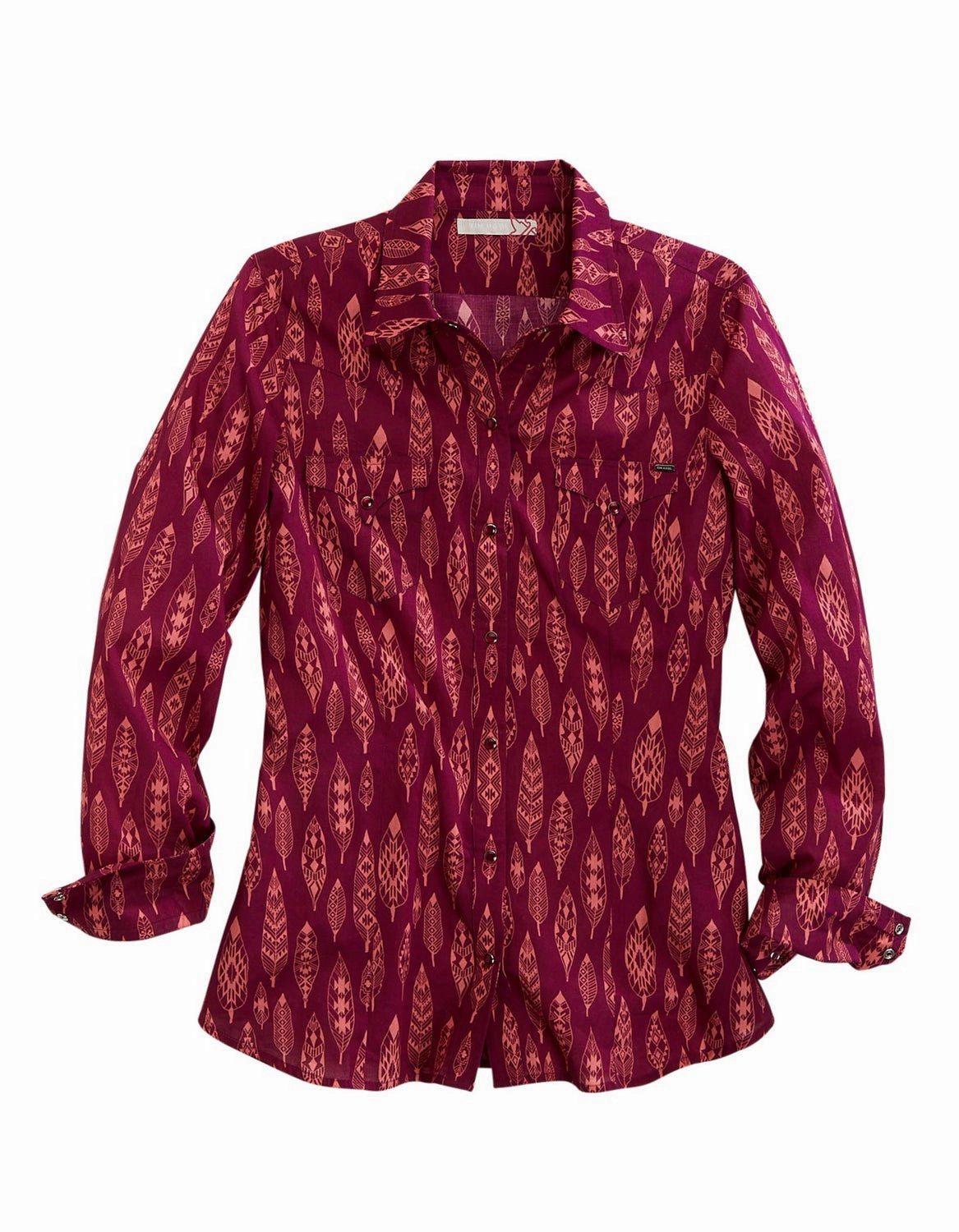 Tin Haul Womens Aztec Feathers Wine 100% Cotton L/S Shirt Premium Finish Comfort Stretch
