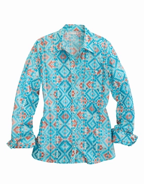 Timeless Classic formal dinner Tin Haul Womens Aztec Print Turquoise 100% Cotton L/S Shirt