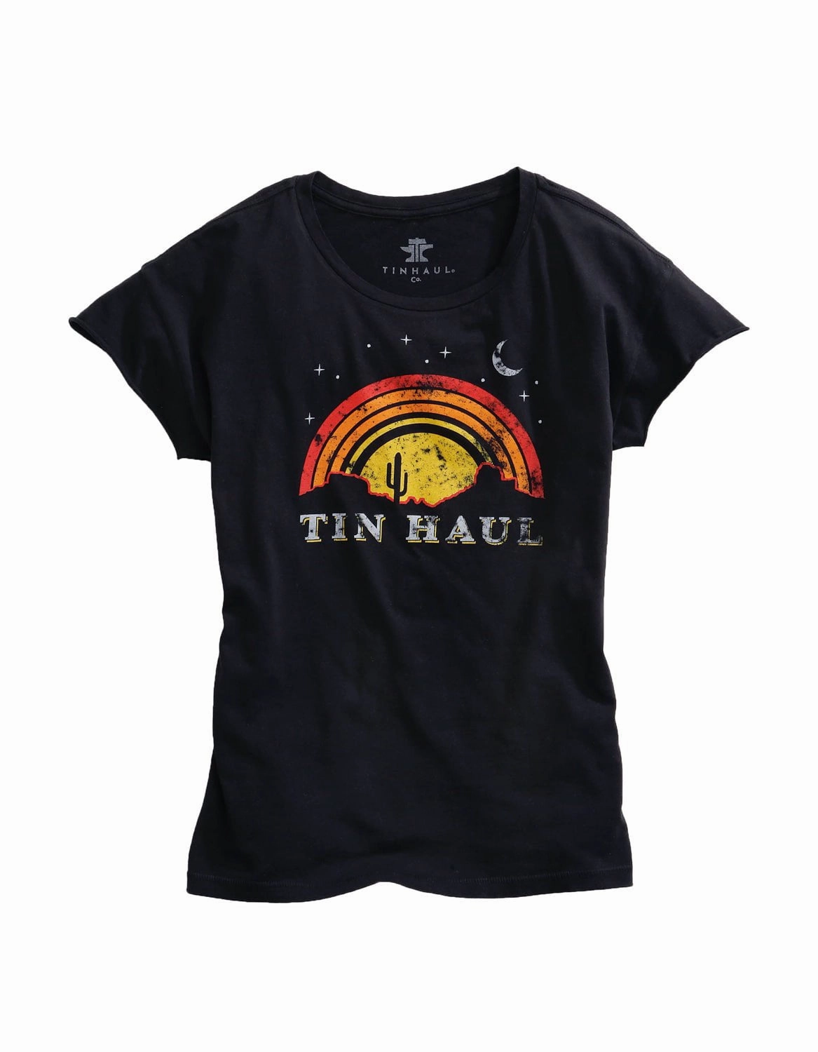 Tin Haul Womens Black 100% Cotton Sunset and Moon S/S T-Shirt Weekend Adventure