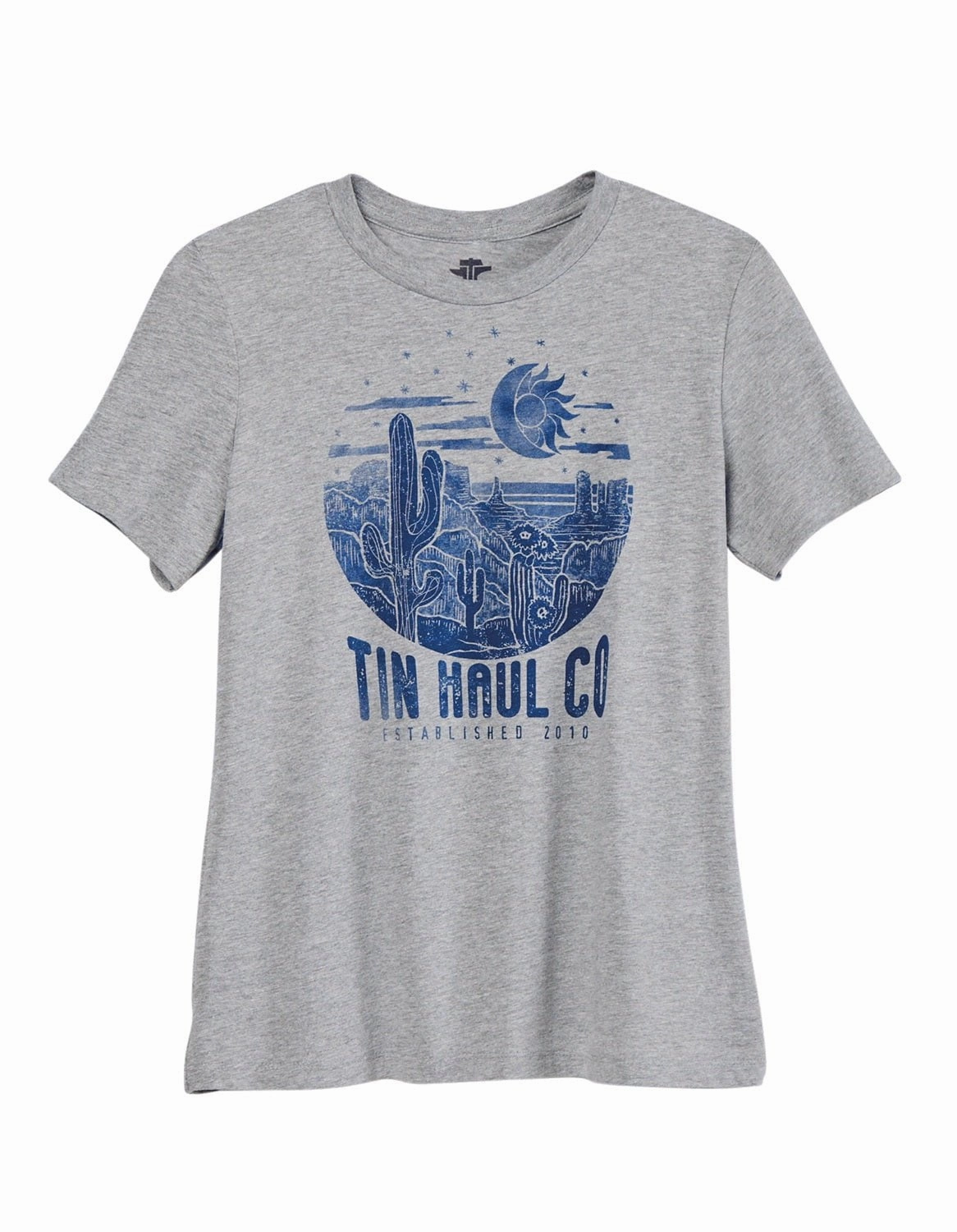Tin Haul Womens Blue Desert Grey Cotton Blend S/S T-Shirt Statement Piece