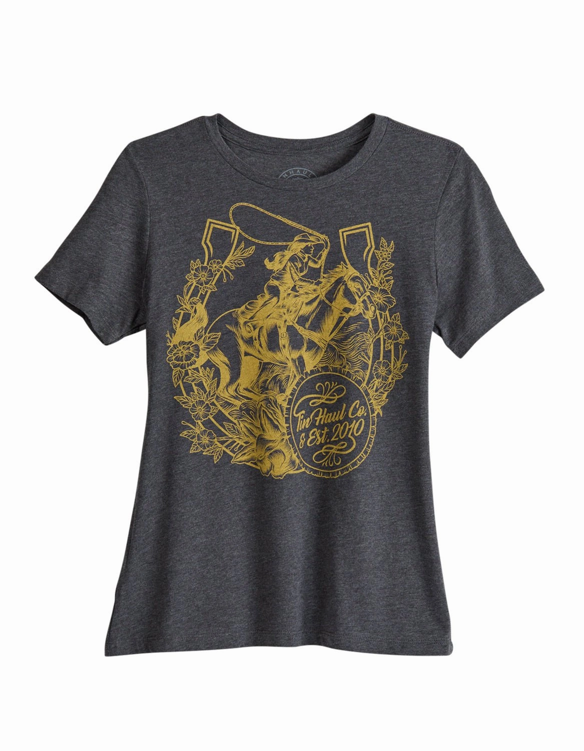 Cuffed hem Tin Haul Womens Girl Horse and Horseshoe Grey Cotton Blend S/S T-Shirt