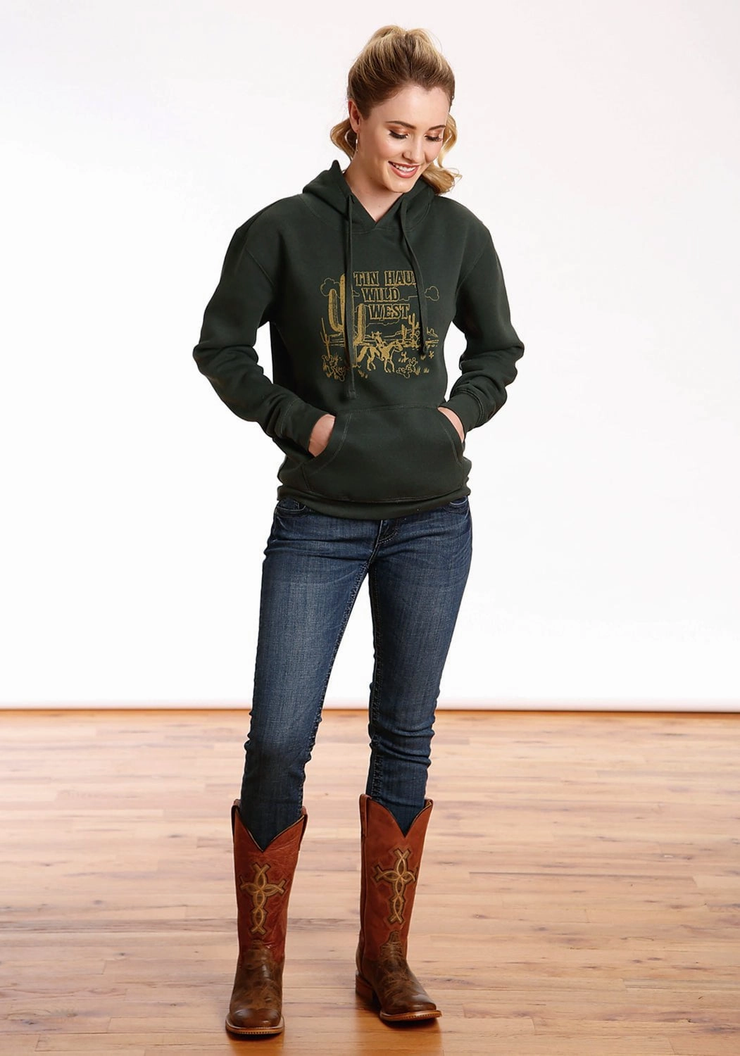 Tin Haul Womens Green Cotton Blend Wild West Hoodie Stylish Basics