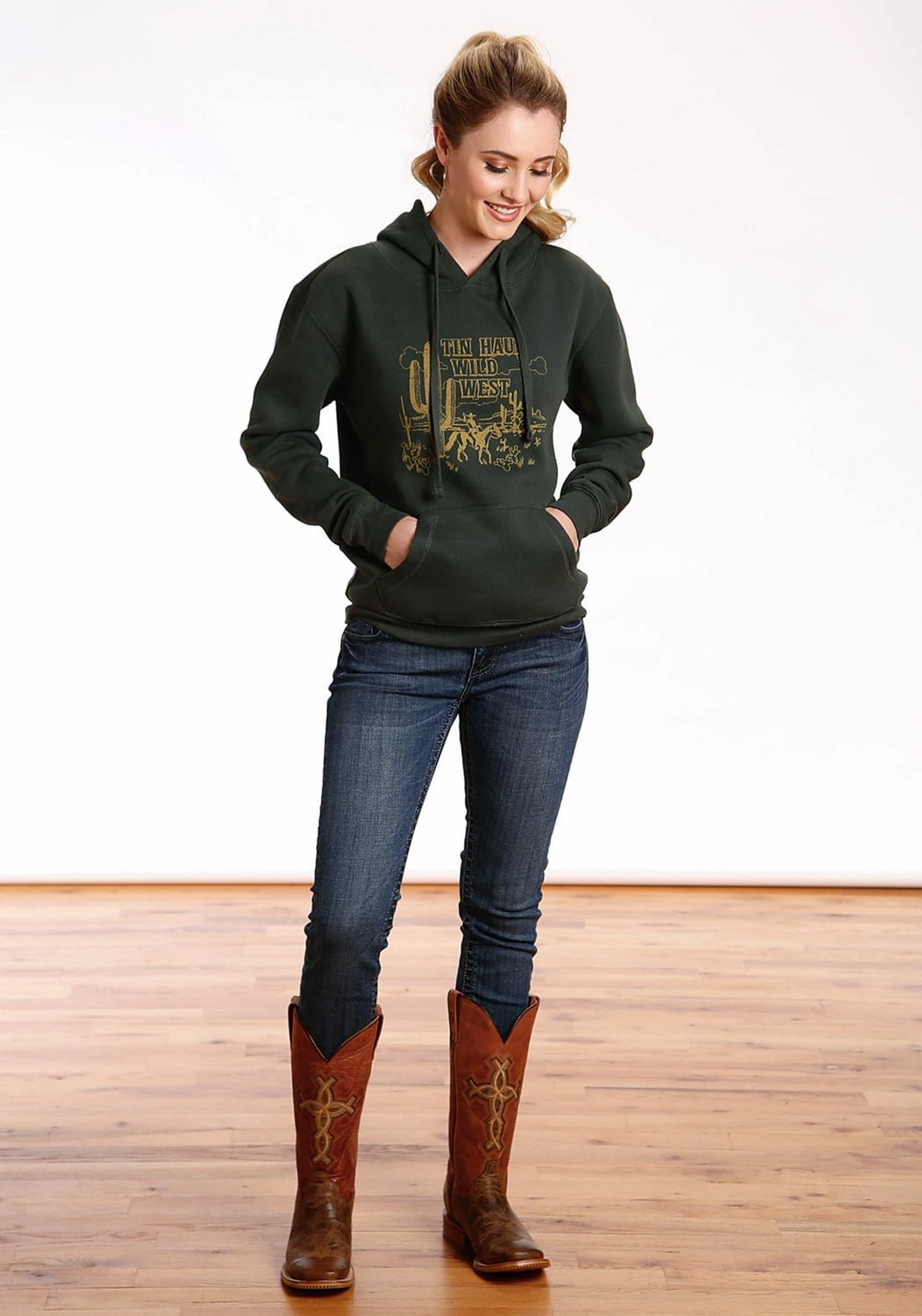 Essential Fashion Tin Haul Womens Green Cotton Blend Wild West Hoodie