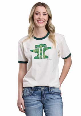 Tin Haul Womens Green Succulents Anvil Logo Natural 100% Cotton S/S T-Shirt Designer Look