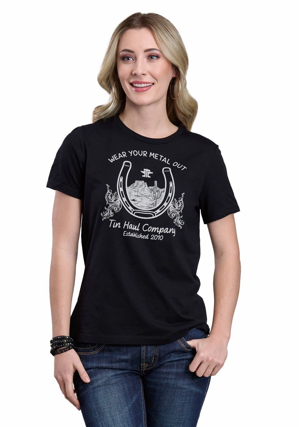 Tin Haul Womens Horseshoe With Scenery Black Cotton Blend S/S T-Shirt Eco-Friendly Choice Abrasion resistant