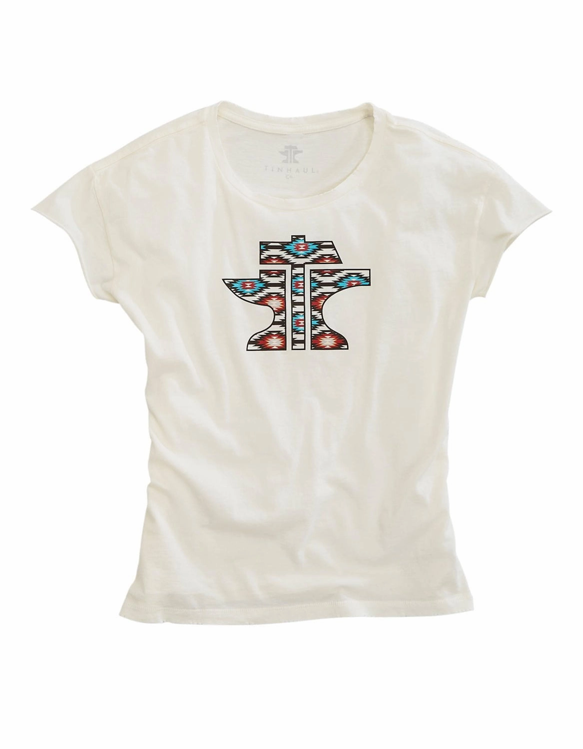 Tin Haul Womens Logo Aztec White 100% Cotton S/S T-Shirt Clean Edge Trim