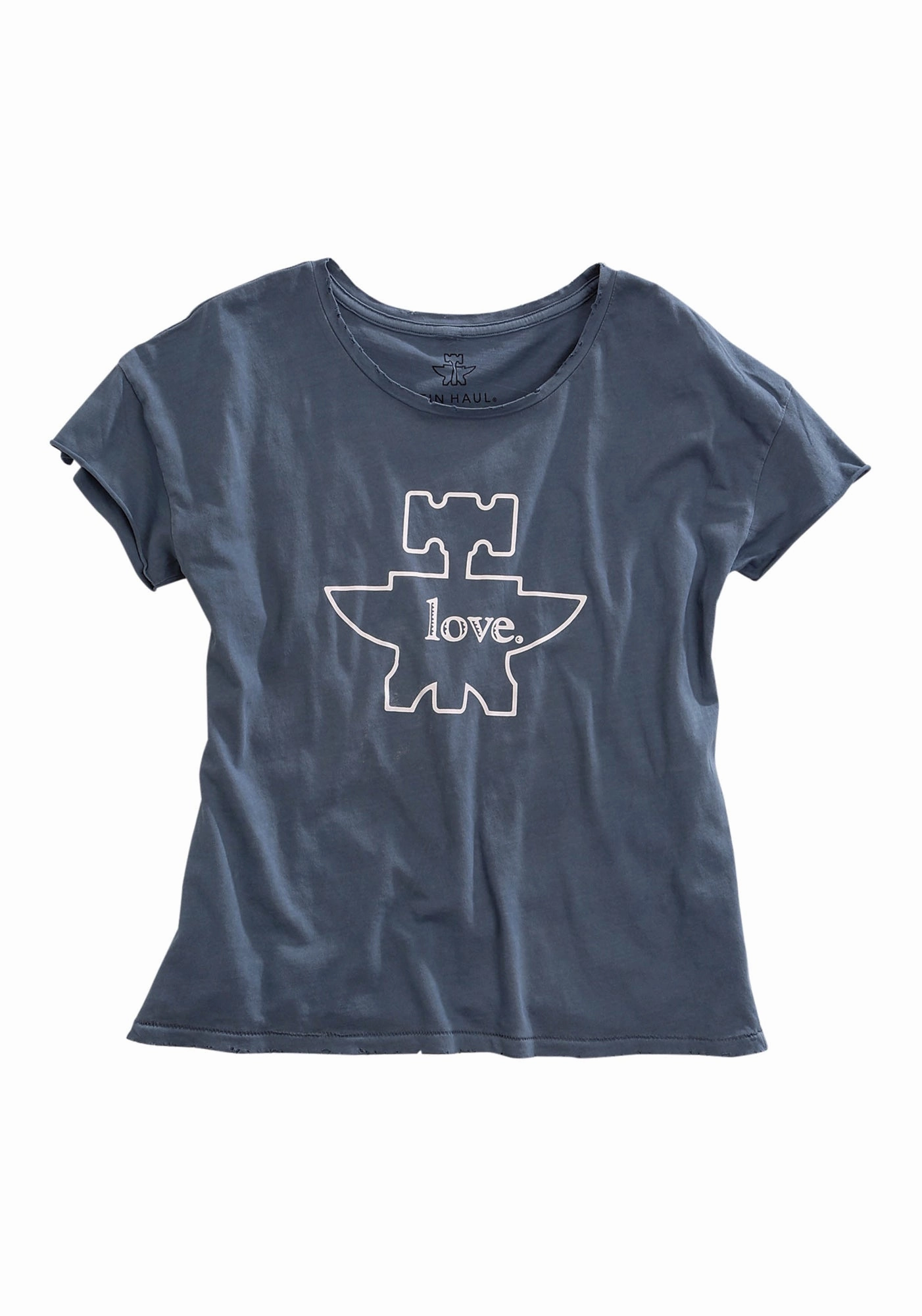 Sustainable Material UV Protective Coating Tin Haul Womens Love Anvil Logo Denim Blue 100% Cotton S/S T-Shirt