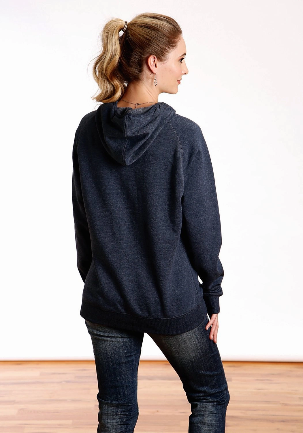 Tin Haul Womens Navy Blue Cotton Blend Mountain Logo Hoodie SeamlessBonding Microfiber Shell