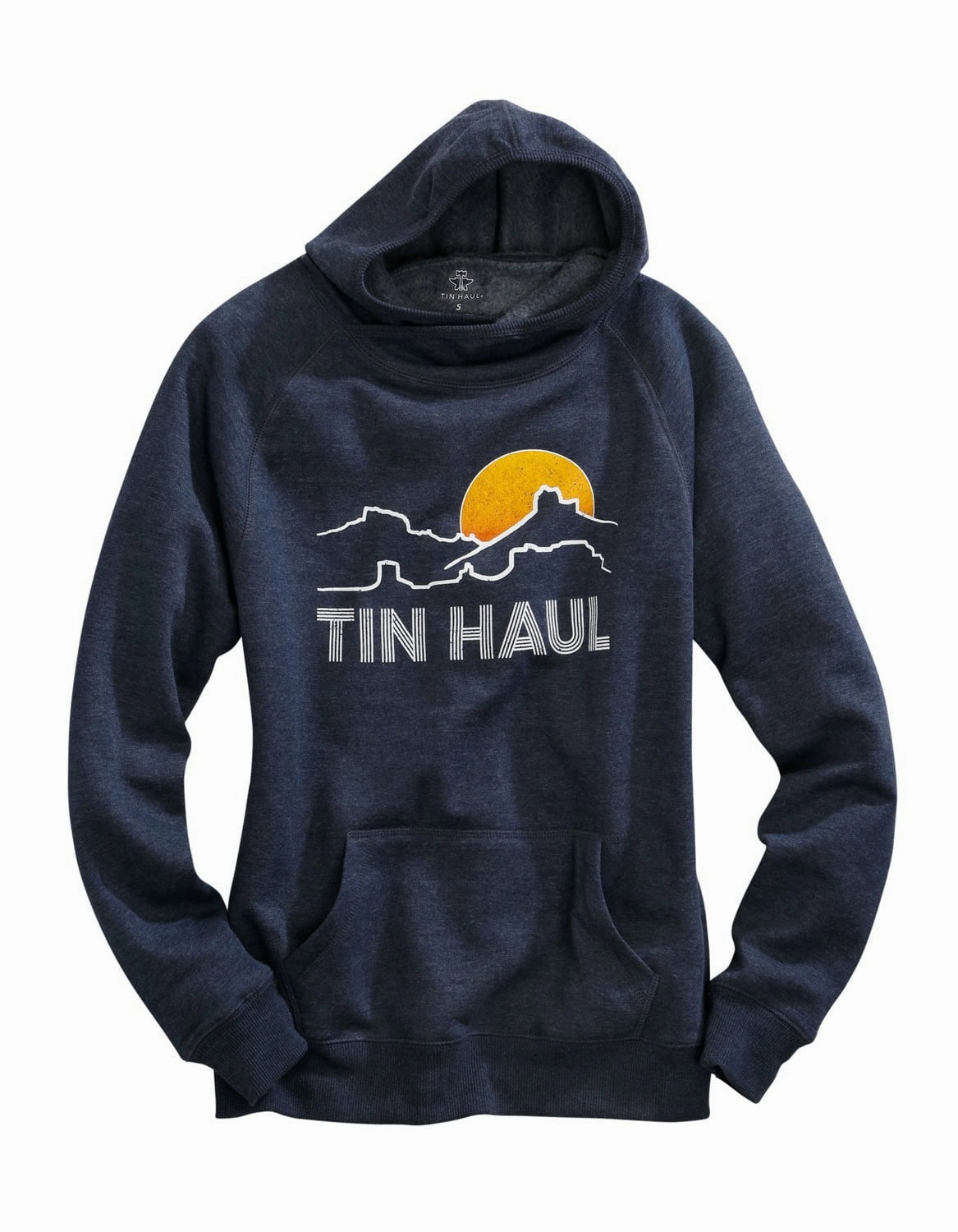 Tin Haul Womens Navy Blue Cotton Blend Mountain Logo Hoodie Odor Resistant Abrasion Resistant Panels