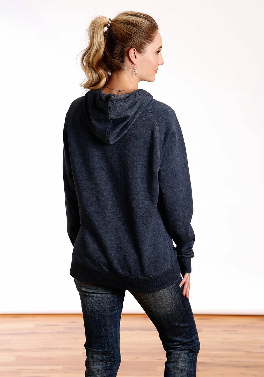 Tin Haul Womens Navy Blue Cotton Blend Mountain Logo Hoodie Reinforced Hems
