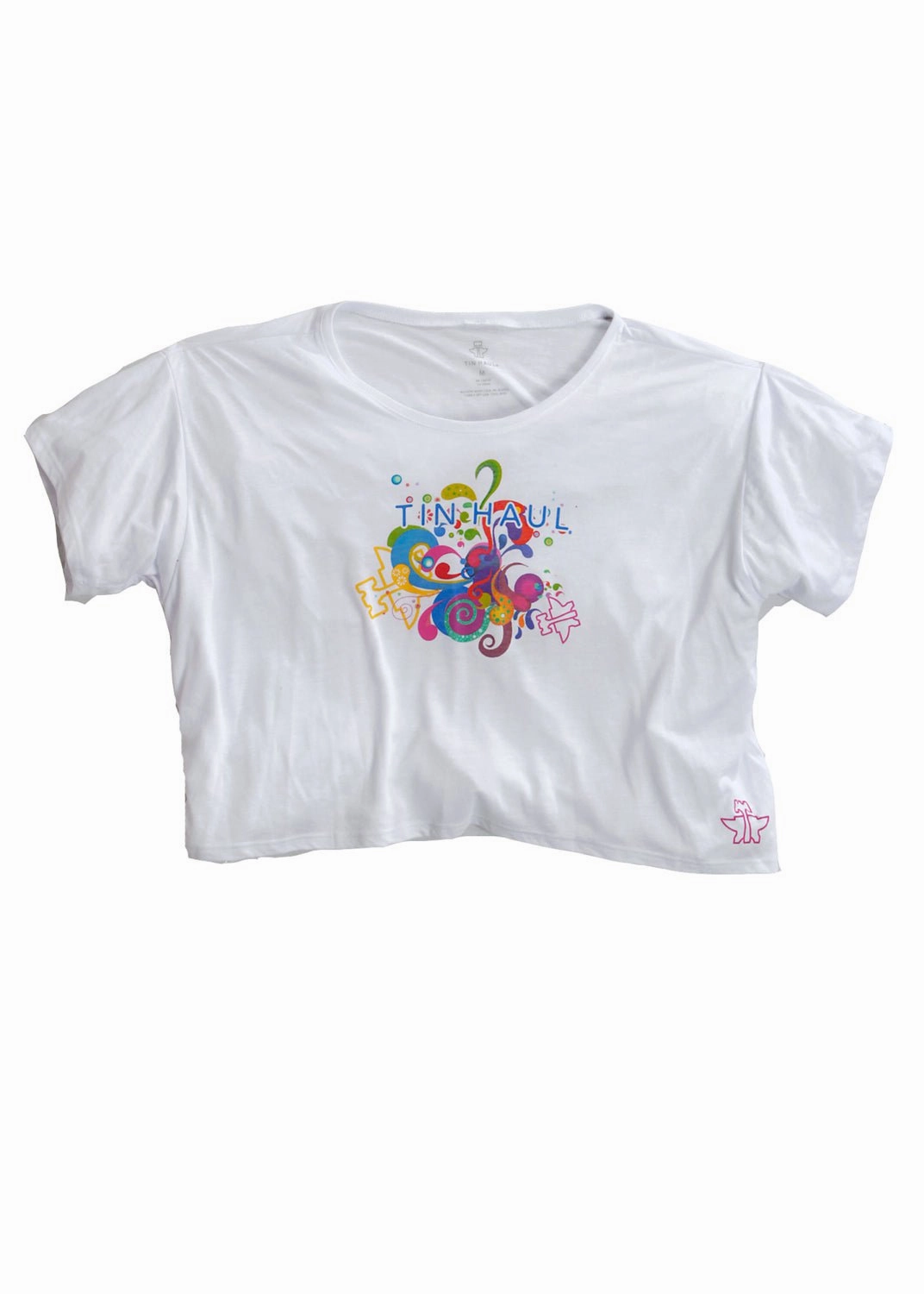 Classic Color Tropical theme Tin Haul Womens Paint Swirl Crop White 100% Cotton S/S T-Shirt