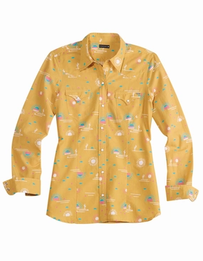 Tin Haul Womens Santa Fe Sun Yellow 100% Cotton L/S Shirt Polo Style Street Fashion