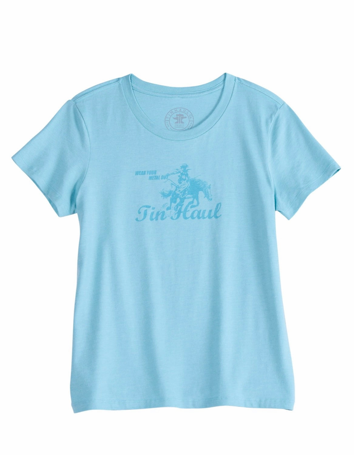 Tin Haul Womens Wear Your Metal Out Bronc Aqua Poly/Cotton S/S T-Shirt Structured Shoulder Support Metallic Finish