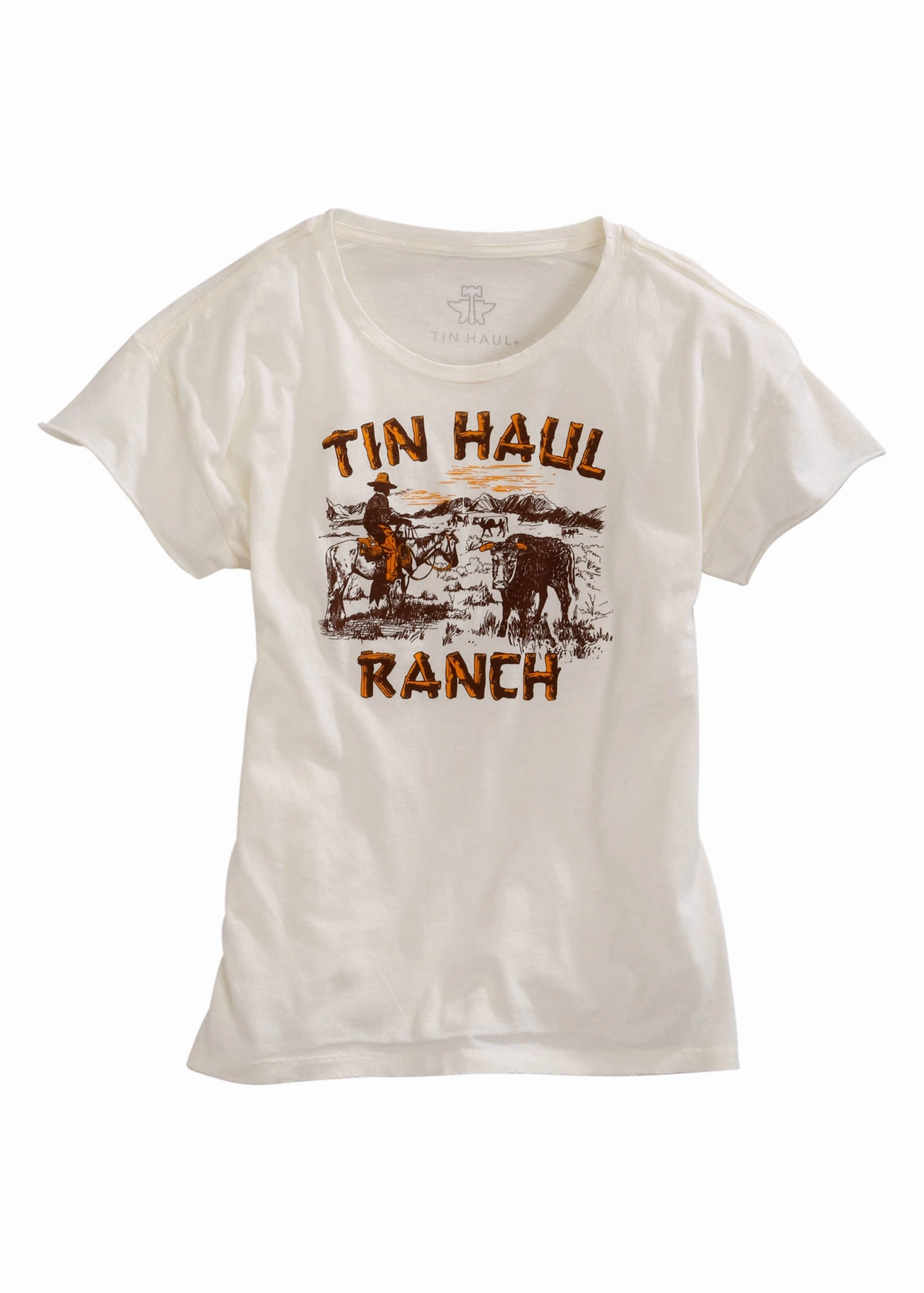 Tin Haul Womens White 100% Cotton Ranch Scene S/S T-Shirt Reinforced Seams