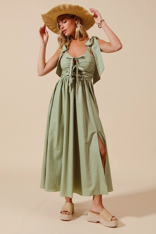 Tina Shirring Bow Tie Midi Dress S-XL Comfy Flex Comfortable and Flattering