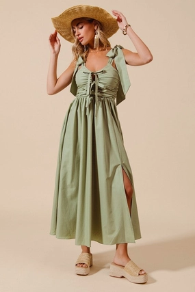 Flared-Hem Quick Layer Tina Shirring Bow Tie Midi Dress S-XL