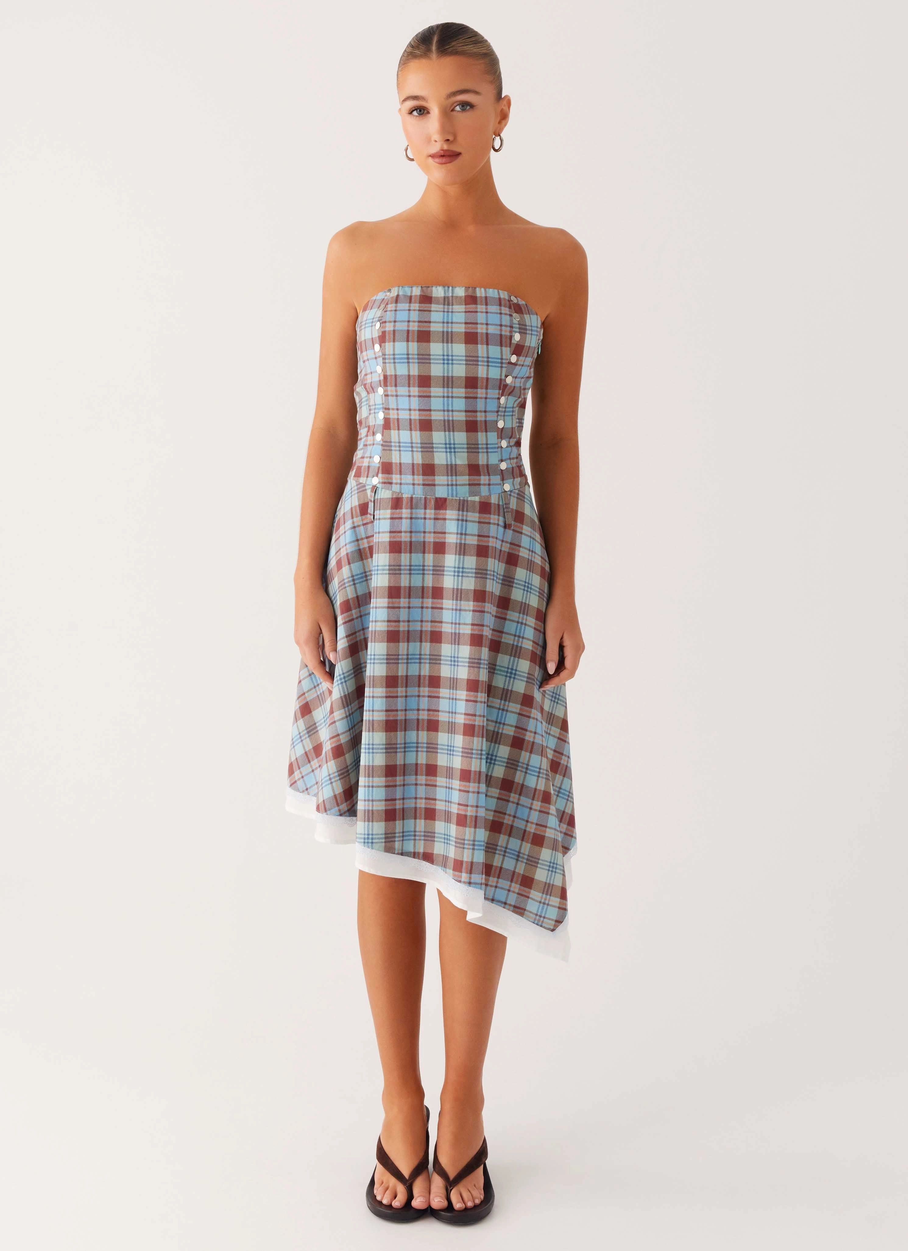 Tonie Strapless Midi Dress - Shoreline Check Seasonal Wear Smart Layering
