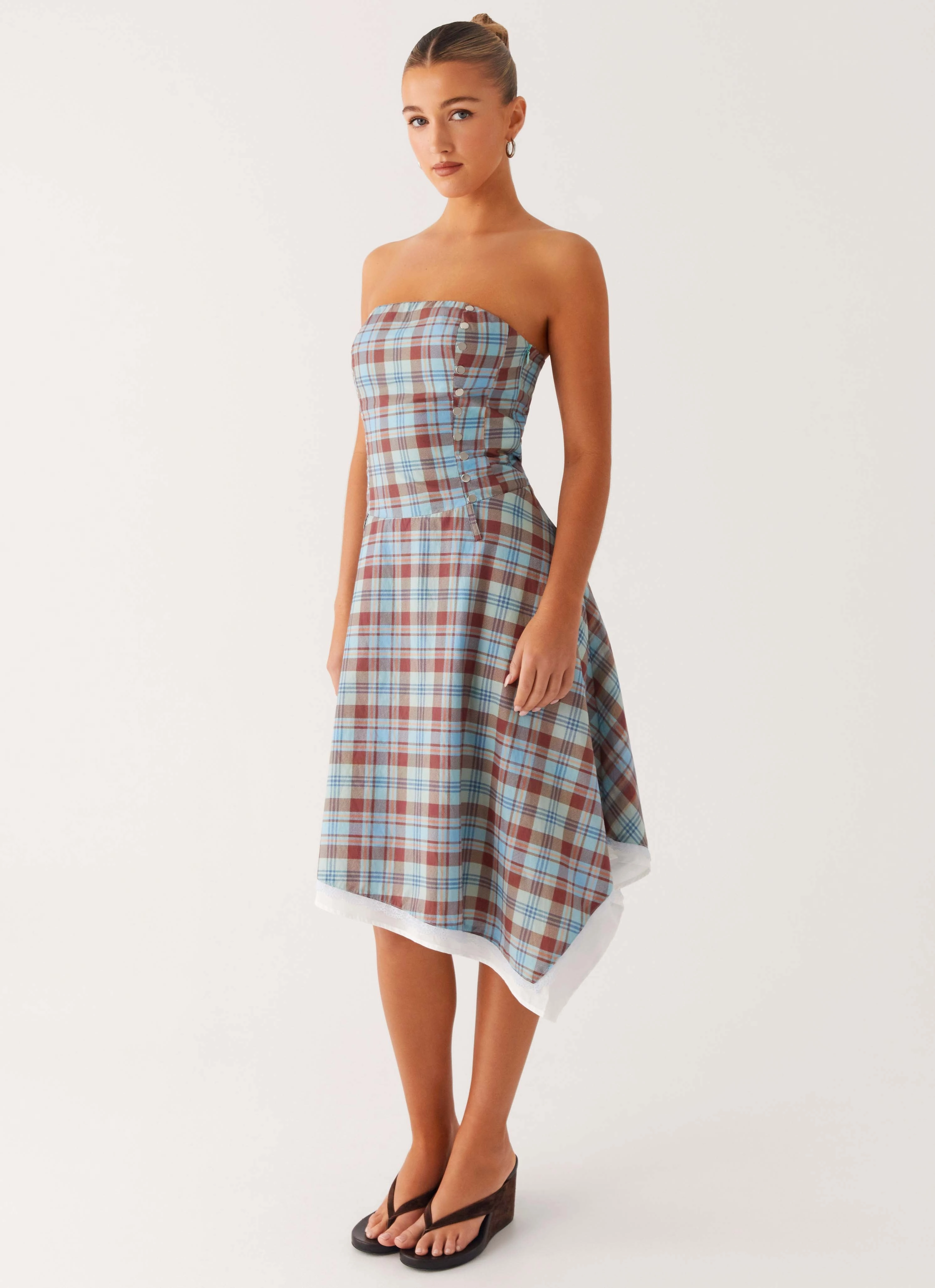 Tonie Strapless Midi Dress - Shoreline Check Soft Pleats