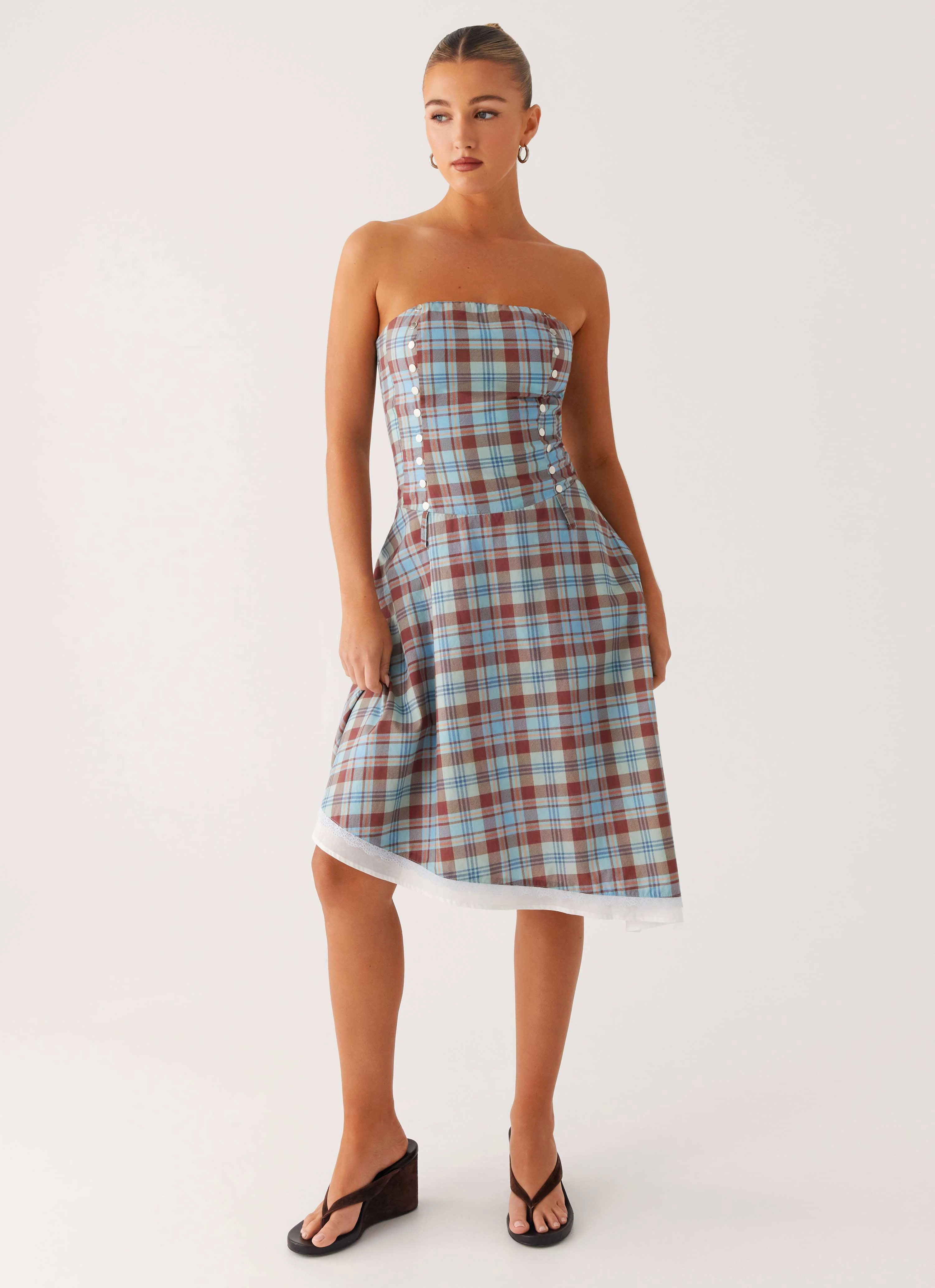 Tonie Strapless Midi Dress - Shoreline Check Trendy summer outfit Warm Touch