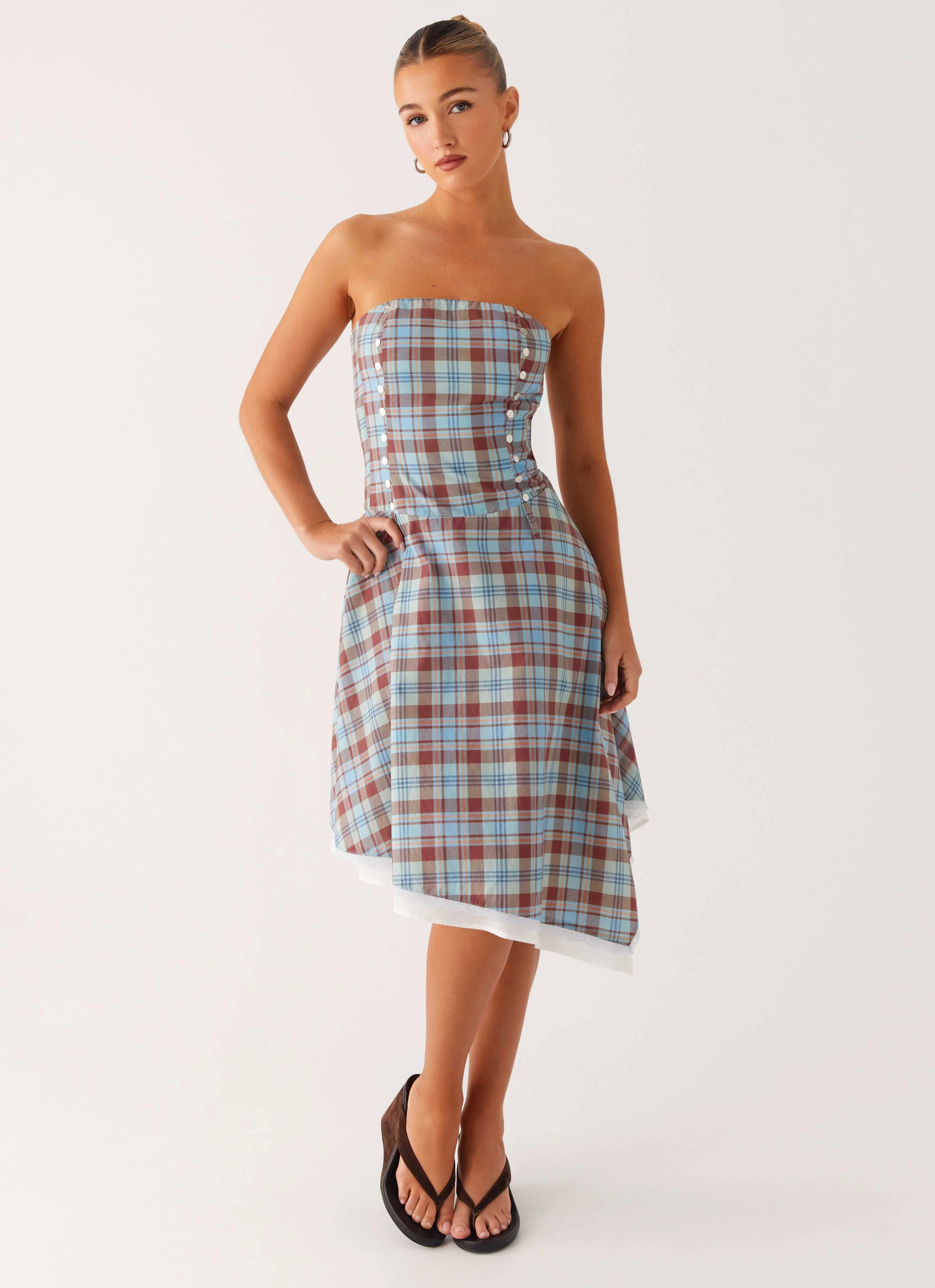 Tonie Strapless Midi Dress - Shoreline Check Elegant Layering