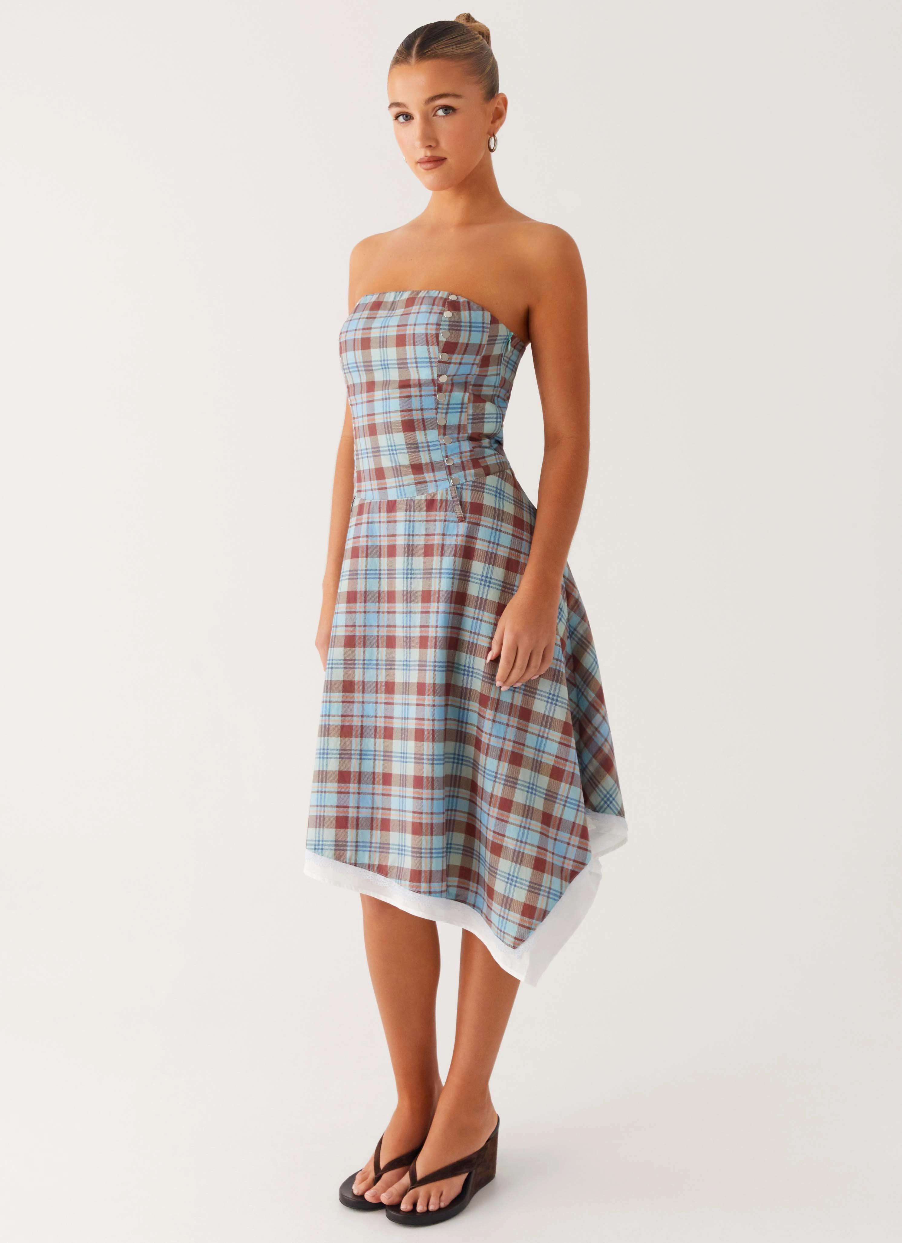 Cool Finish Soft Contour Tonie Strapless Midi Dress - Shoreline Check