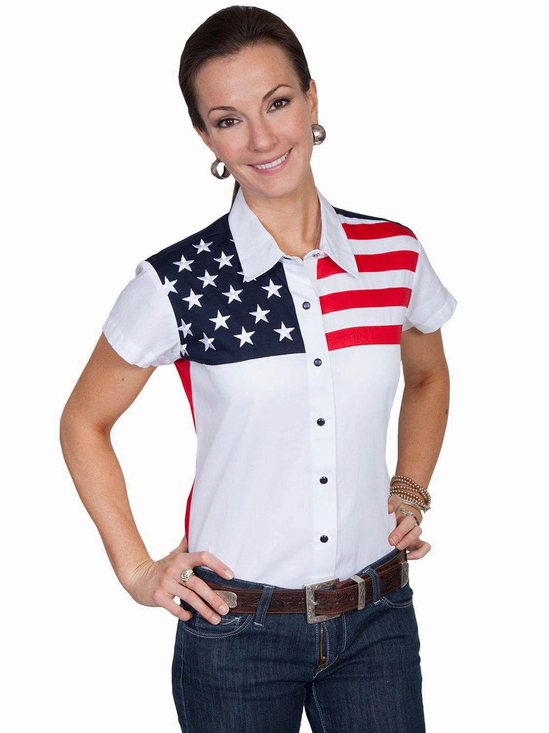 Tagless label Scully Western Womens White 100% Cotton S/S USA Flag Western Shirt