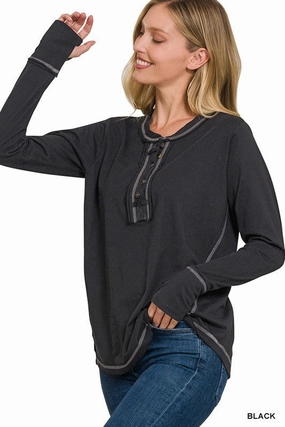 Tori Thumb Hole Cuffs Button Closure Long Sleeve Top AntiPilling Surface
