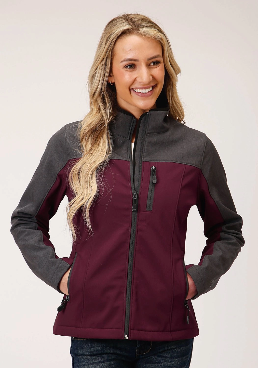 Roper Womens Wine/Grey Polyester PCD Softshell Jacket Contrast Stitch Moisture wicking