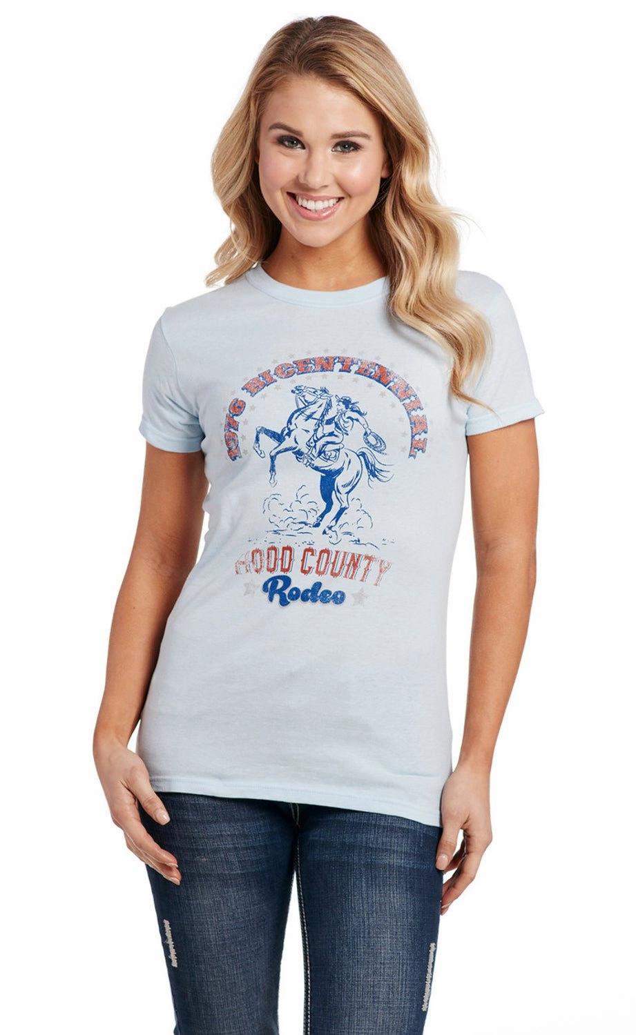 Trendsetting Comfort Wear Cowgirl Up Womens Hood County Rodeo Light Blue 100% Cotton S/S T-Shirt
