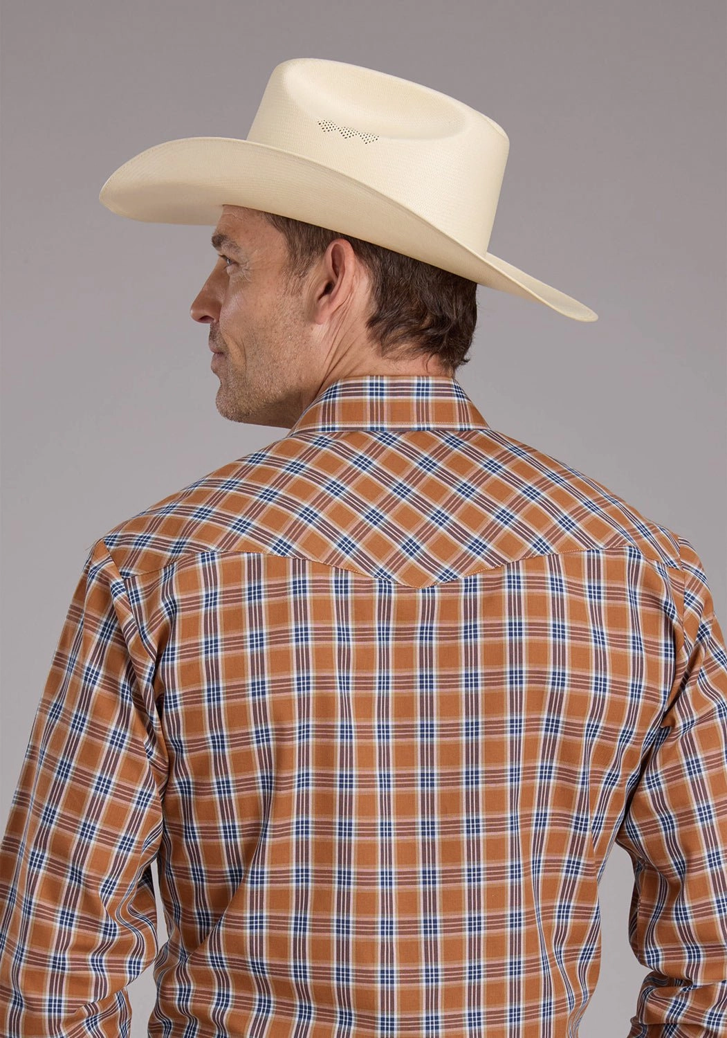 Roper Mens 2411 Plaid Rust Cotton Blend L/S Shirt Metallic Finish