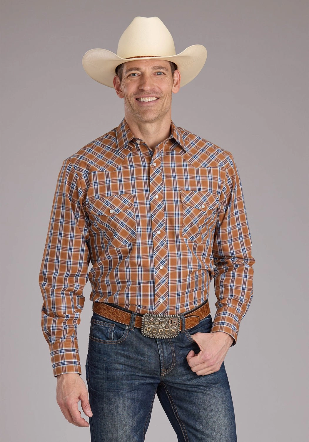 Roper Mens 2411 Plaid Rust Cotton Blend L/S Shirt Printed design