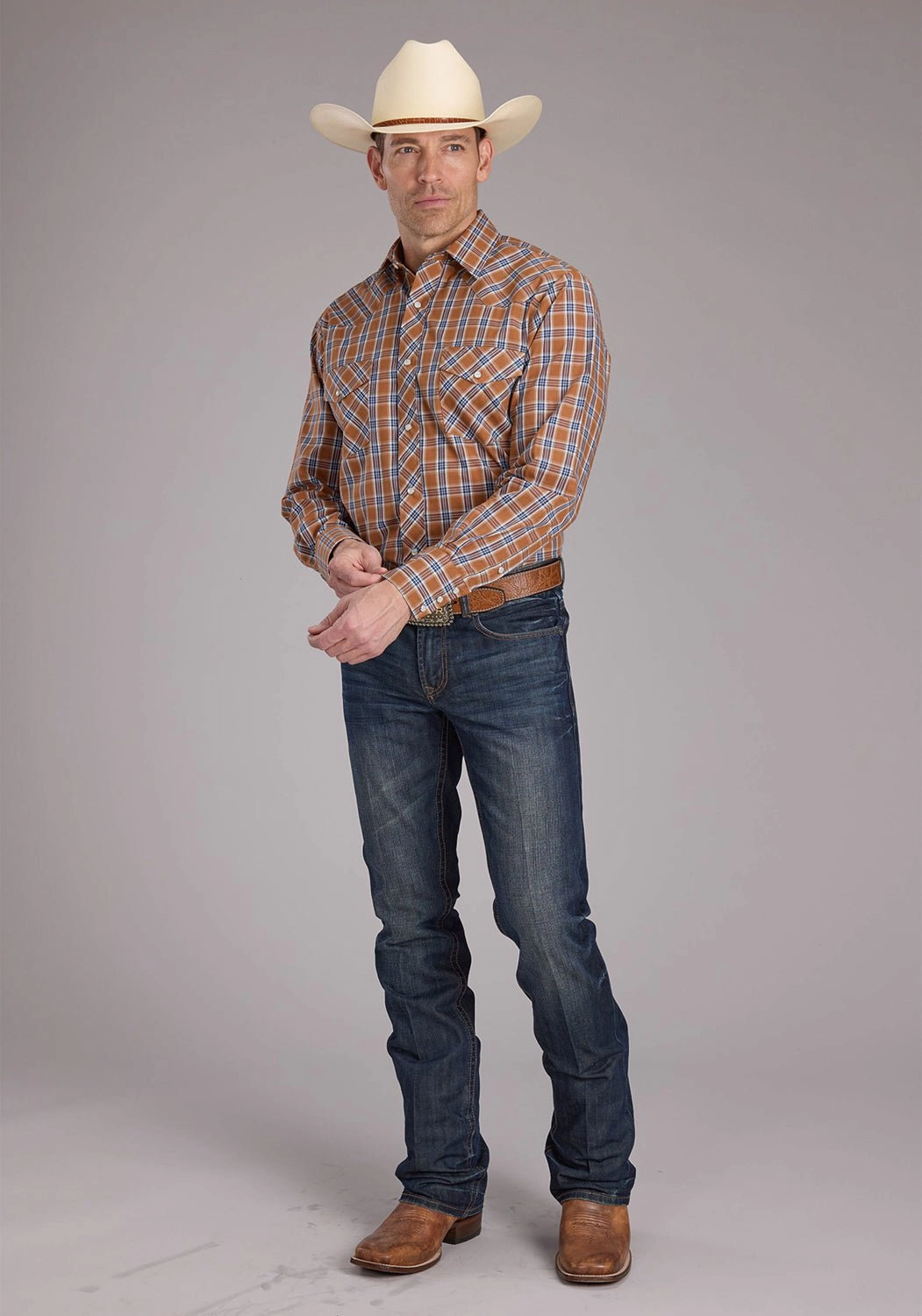 Roper Mens 2411 Plaid Rust Cotton Blend L/S Shirt Sweat-Absorbing