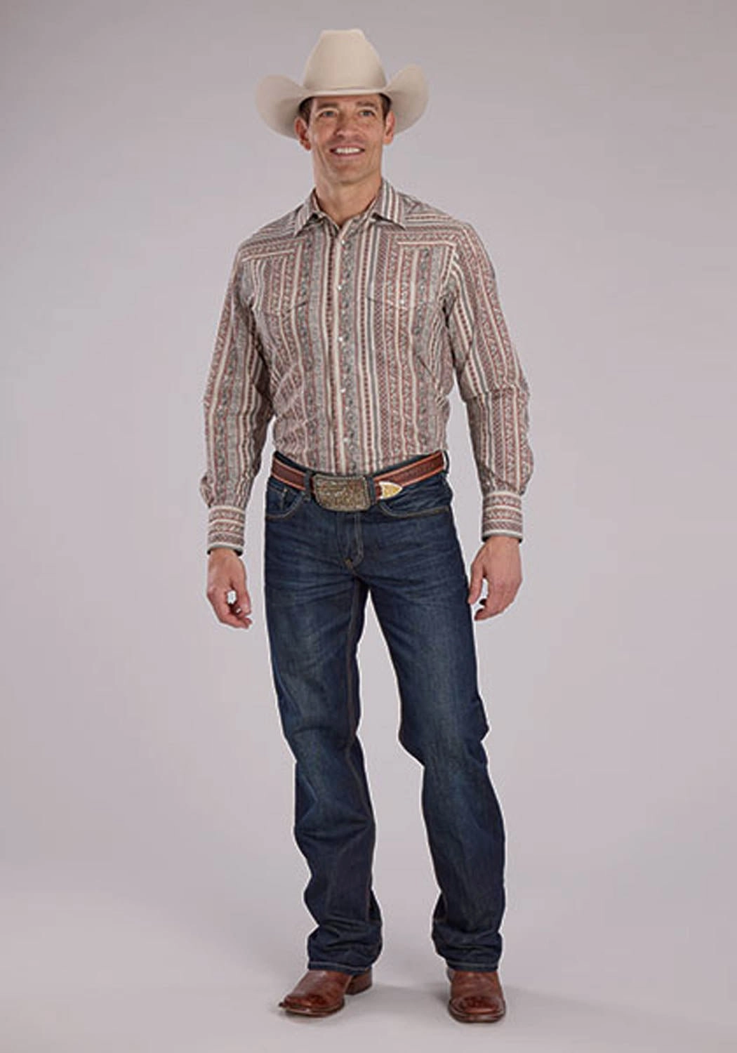 Bold Hue Streamlined Design Roper Mens 2479 Wallpaper Print Cream Cotton Blend L/S Shirt