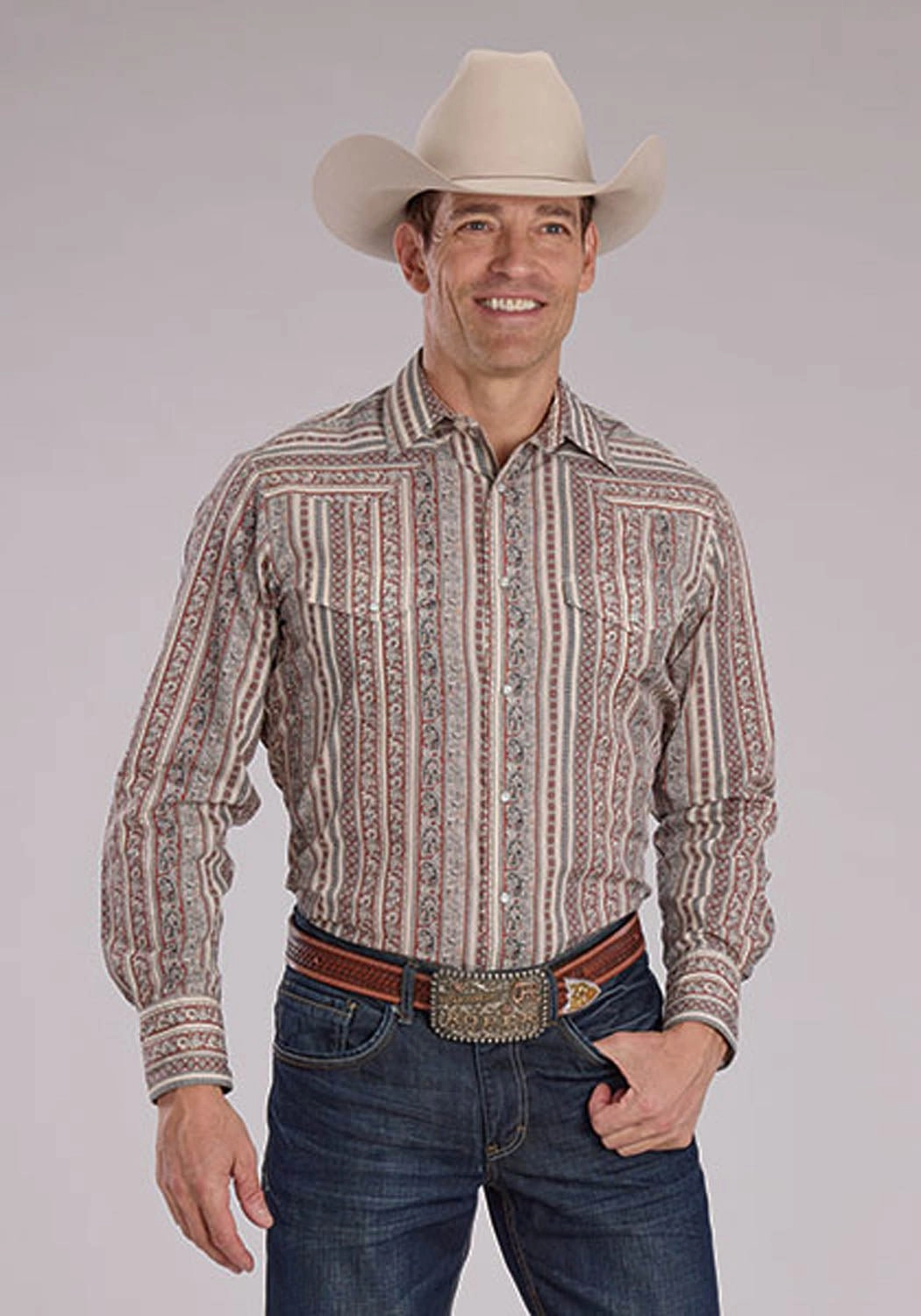 Hidden Button Placket Roper Mens 2479 Wallpaper Print Cream Cotton Blend L/S Shirt