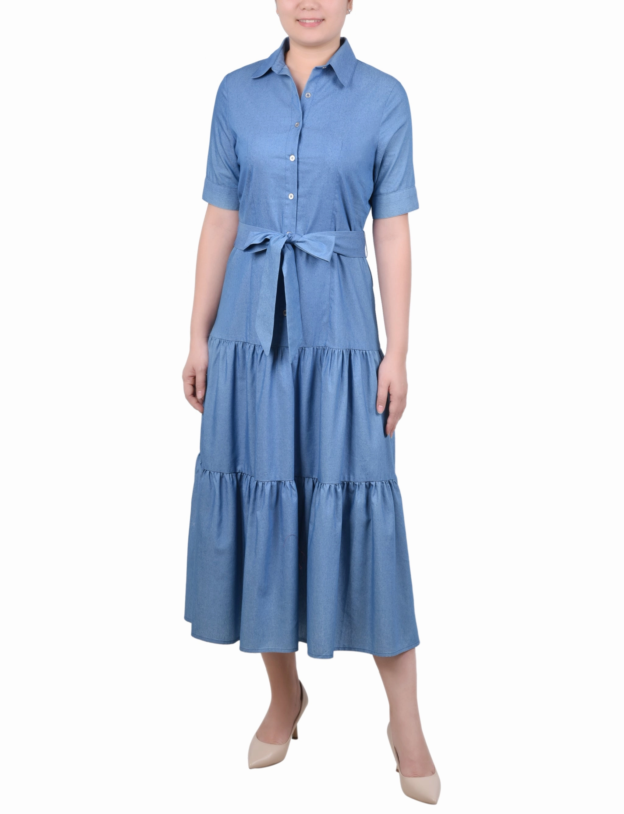 Short Sleeve Belted Chambray Dress All Gender Fit Dressy Yet Comfortable