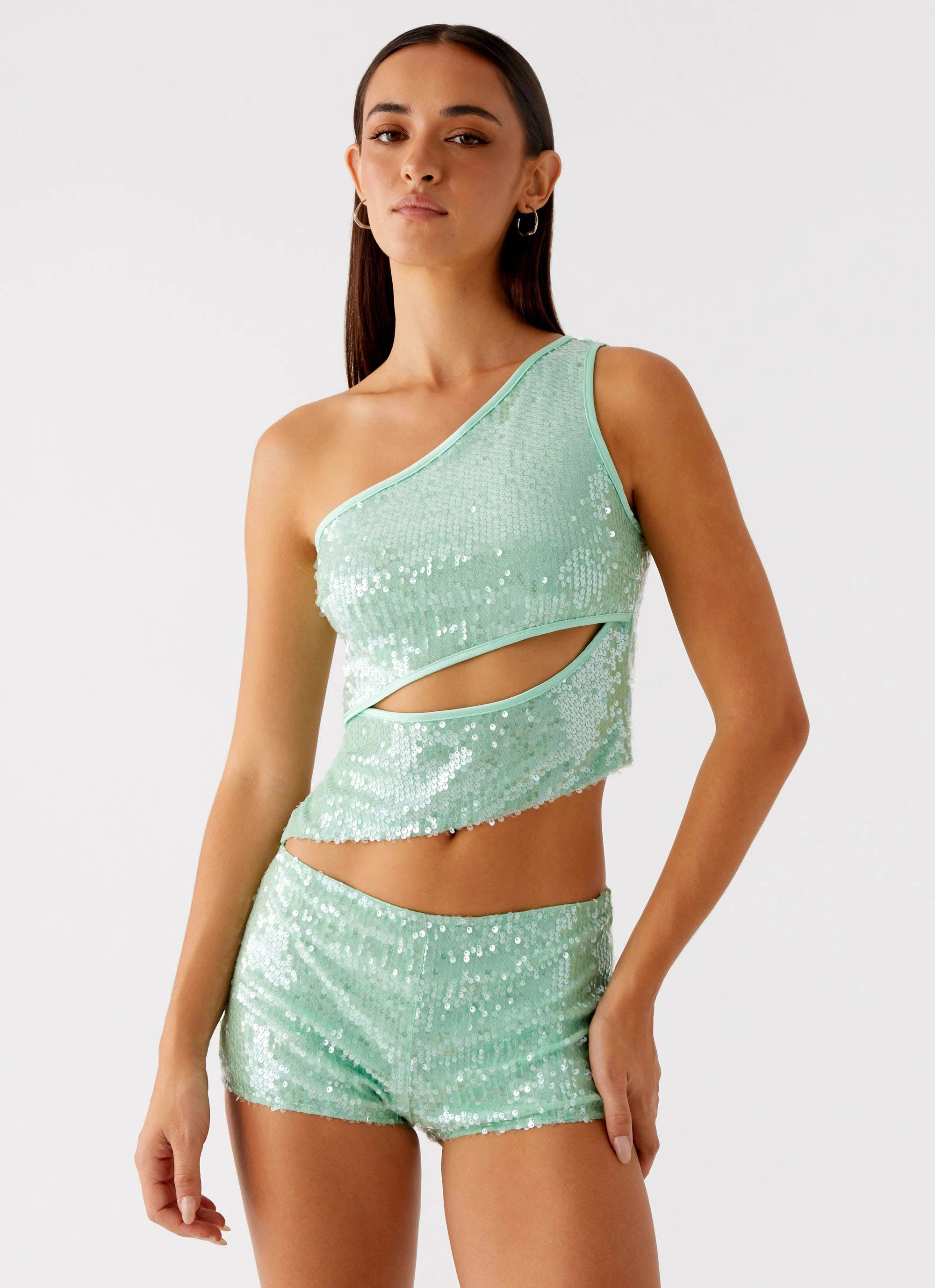 Travis Sequin Top - Sage WideNeckOpening