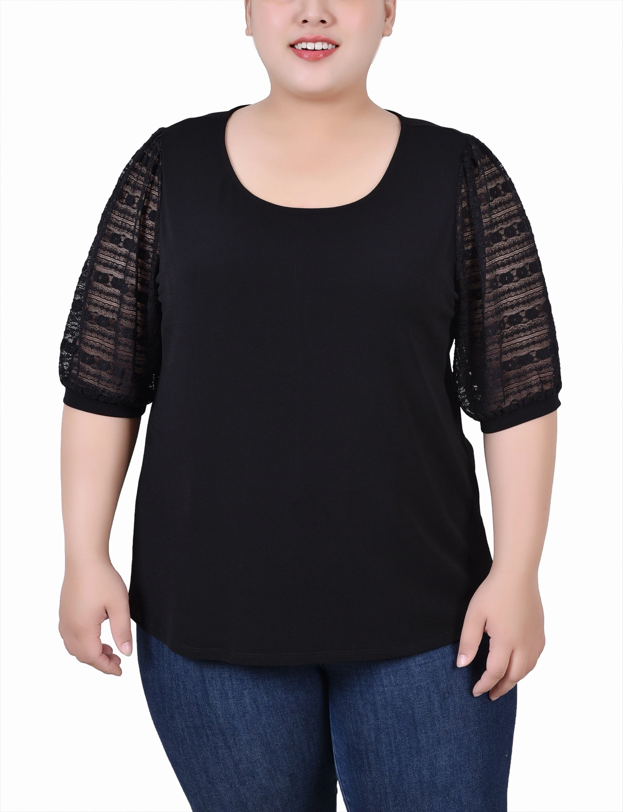 Reinforced Elbow Patches Plus Size Short Burnout Sleeve Scoop Neck Top