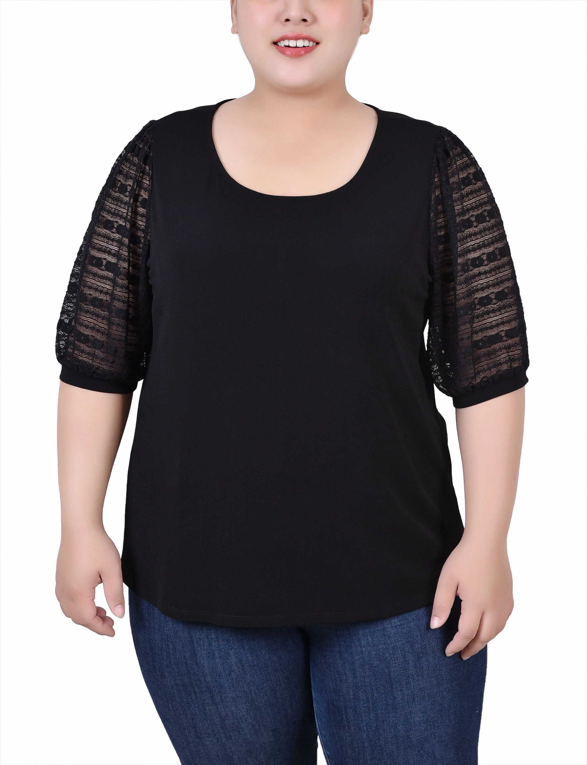 Layered Look Plus Size Short Burnout Sleeve Scoop Neck Top