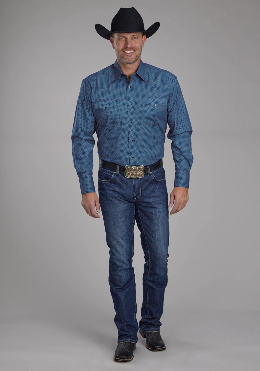 Year-Round Wear Roper Mens 2163 Diamond Print Blue Cotton Blend Tall L/S Shirt