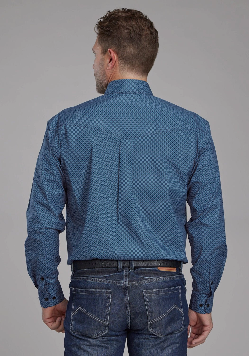 Roper Mens 2163 Diamond Stretch Blue Cotton Blend Btn L/S Shirt Asymmetrical Cut Classic Appeal