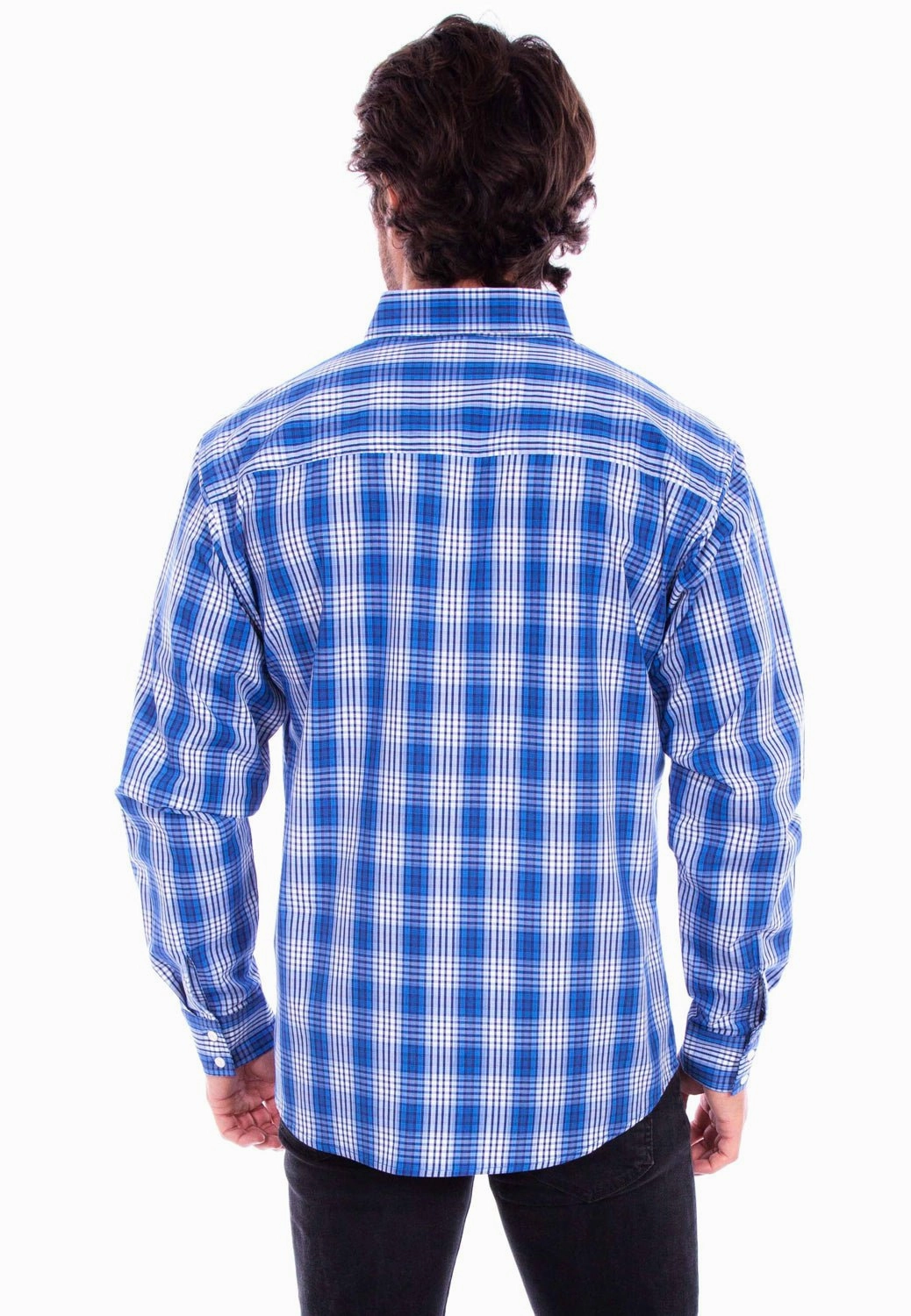Scully Mens Worn Outs Plaid Blue 100% Cotton L/S Shirt wrinkle free