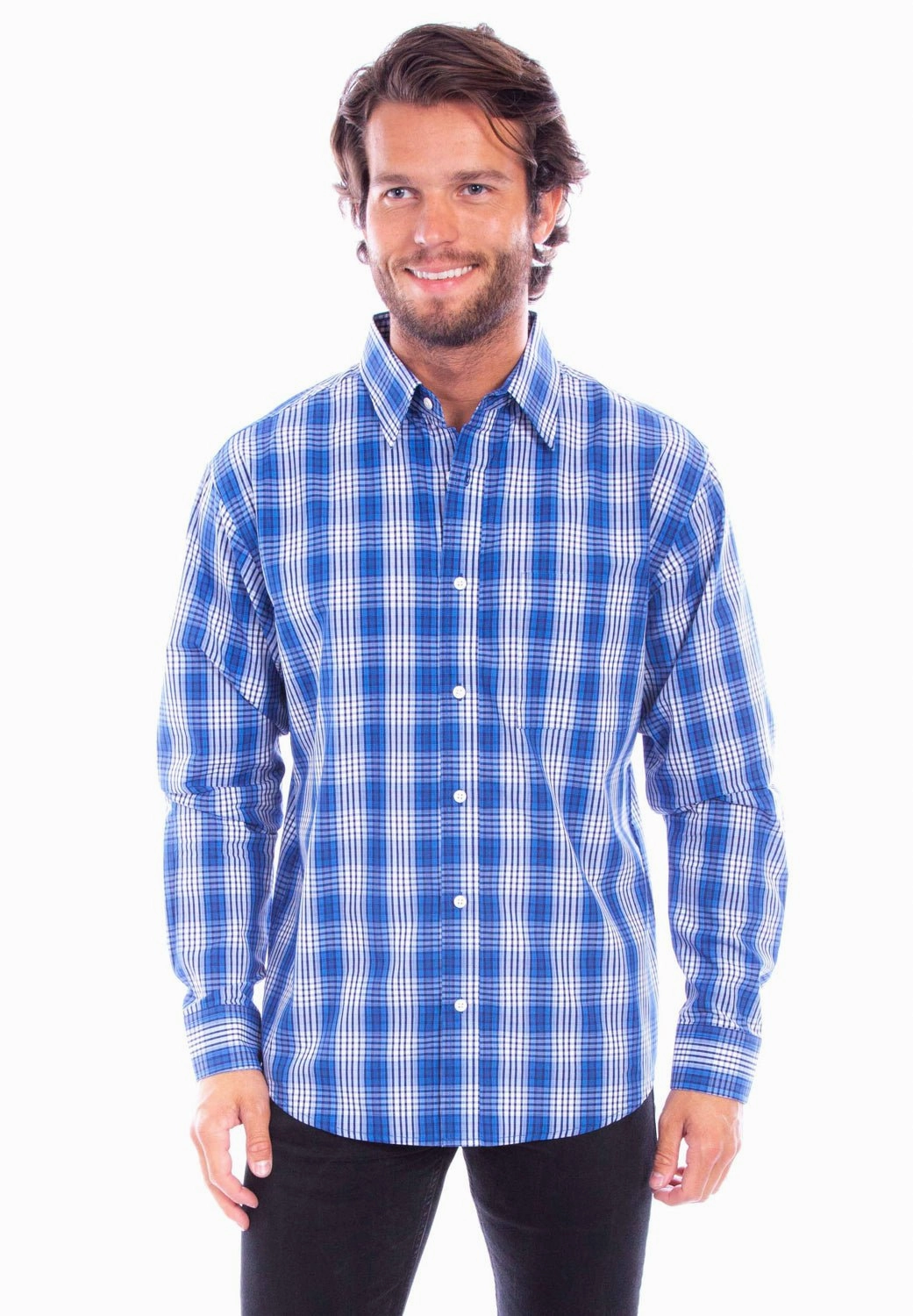 Scully Mens Worn Outs Plaid Blue 100% Cotton L/S Shirt Anti Static Treatment