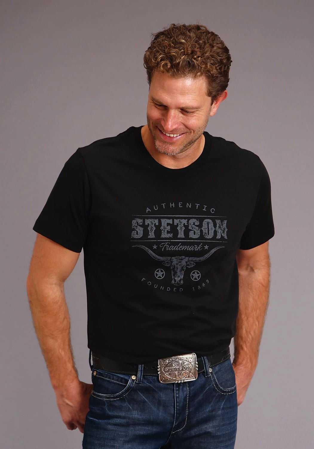 Contemporary Fashion Fall Fashion Stetson Mens Black 100% Cotton Steer Head S/S Trademark T-Shirt