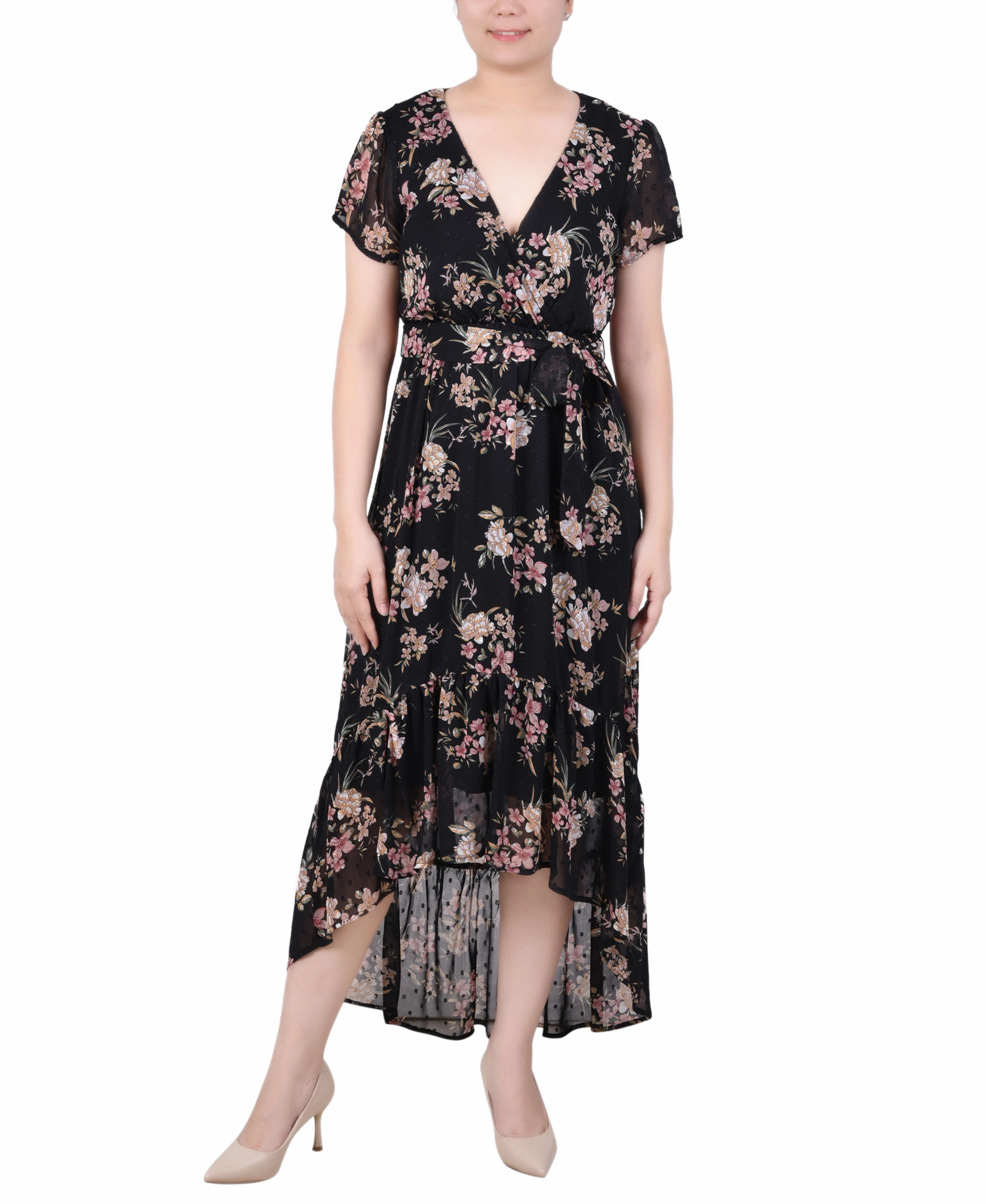 Short Sleeve Hankerchief Hem Chiffon Dress Sophisticated Look