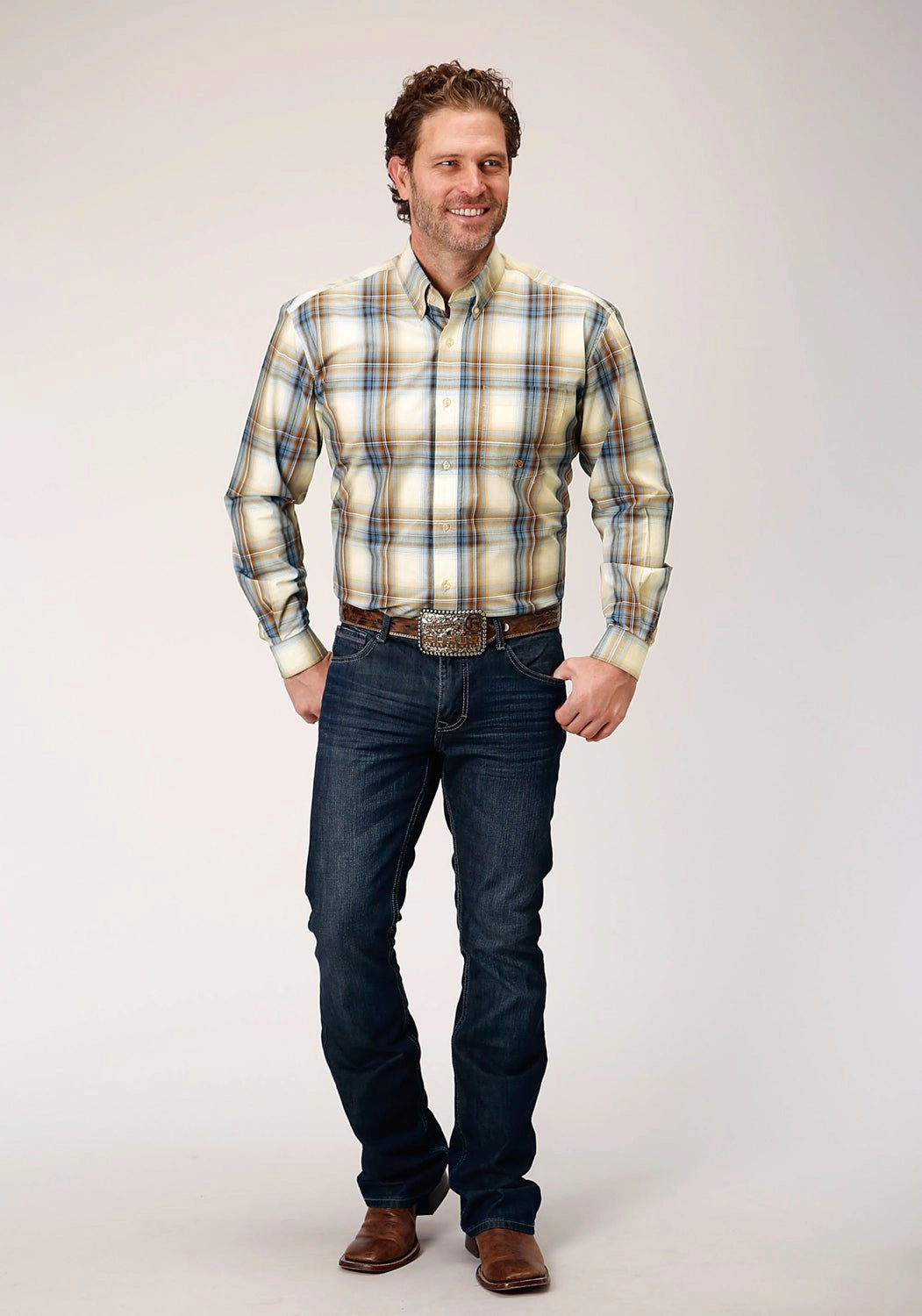 Roper Mens Desert Plaid Brown 100% Cotton L/S Shirt Cultural Inspired Workwear Style